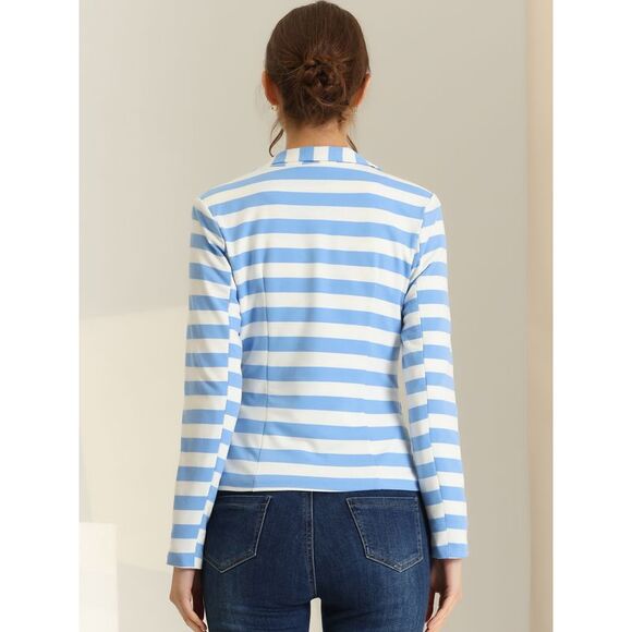 Notched Lapel Pocket Button Closure Striped Blazer Light Blue - Picture 4 of 5